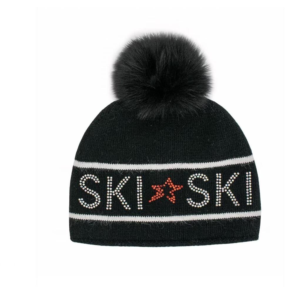 NEW MITCHIE'S MATCHINGS knit ski hat with fox pom in black
